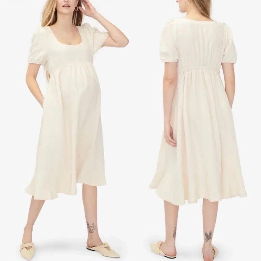 Hatch Maternity Dress Tisha Ruffle Hem Midi Dress XS Ivory linen blend